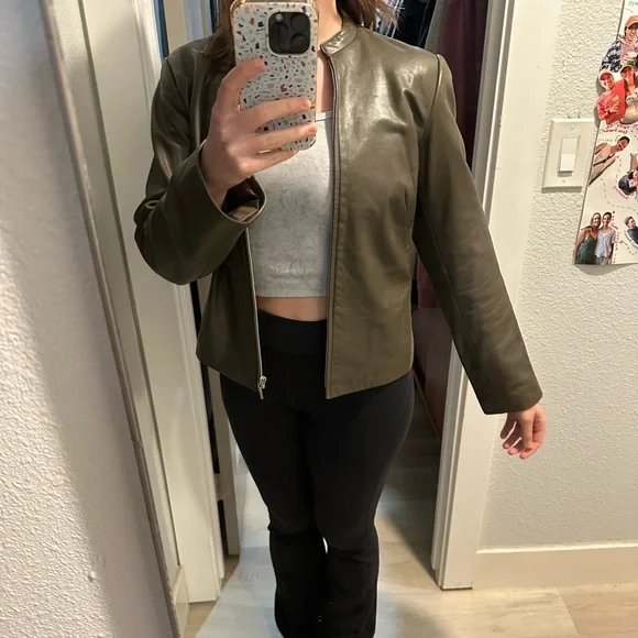 Ann Taylor Women's Dark Olive Leather Jacket - Picture 2 of 4